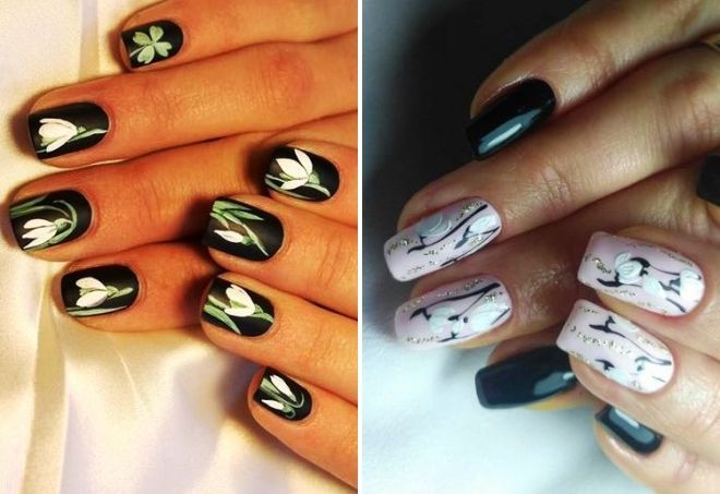черный маникюр с подснежниками черный маникюр с подснежниками