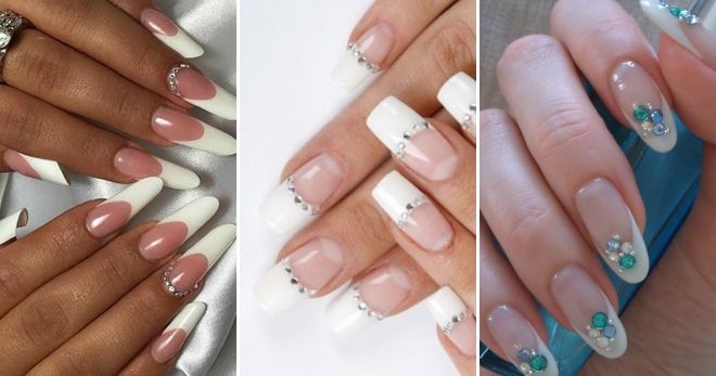 Френч на длинных ногтях со стразами Френч на длинных ногтях со стразами