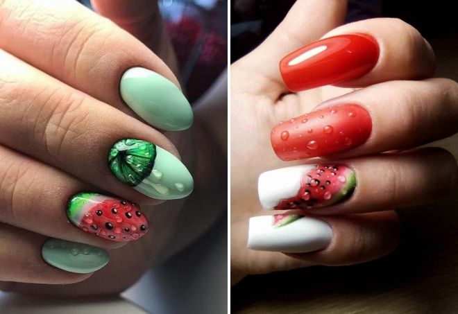 ногти с арбузом с каплями ногти с арбузом с каплями