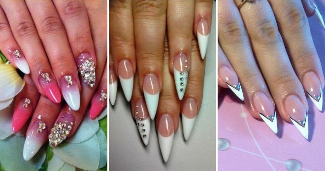 Френч на острых ногтях со стразами Френч на острых ногтях со стразами