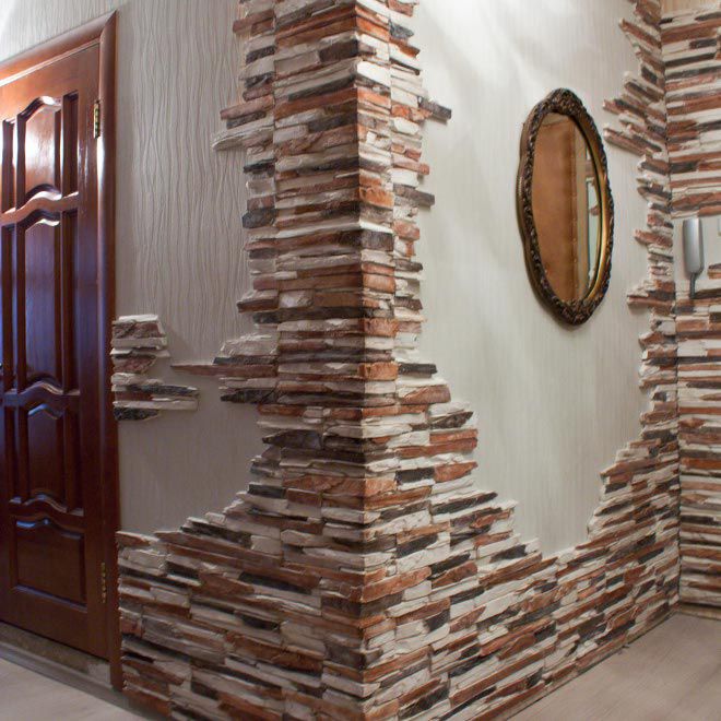 отделка камнем углов прихожей констрастная отделка камнем углов прихожей констрастная