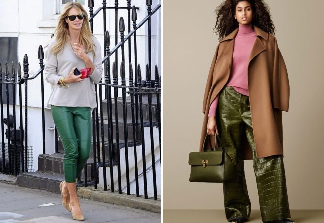 с чем носить зеленые кожаные брюки с чем носить зеленые кожаные брюки