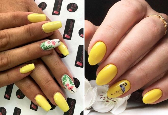 желтый маникюр с фламинго желтый маникюр с фламинго