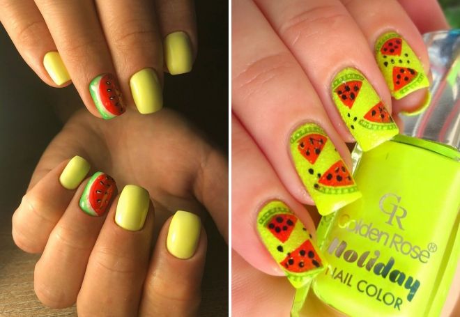 желтый маникюр с арбузом желтый маникюр с арбузом